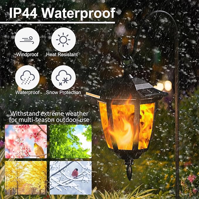 Dynaming 2 Pack Solar Flame Hanging Lights Outdoor, Solar Flickering Flame LED Garden Lanterns with 2 x 38 Inch Shepherd Hooks, Landscape Lighting Waterproof for Lawn Patio Yard Pathway Driveway