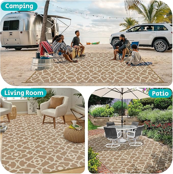 HEBE Outdoor Rug Waterproof 9x12, Plastic Straw Rug Camping Rug, Reversible Outdoor Patio Rugs RV Mat Clearance, Indoor Outside Floor Carpet for Porch,Deck,Camper,Balcony,Backyard