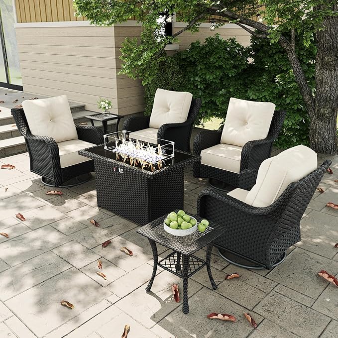 7 Pieces Outdoor Patio Furniture Sets with Rocking Swivel Chairs with 6-inch Thick Cushion and Fire Pit Table for Deck Lawn