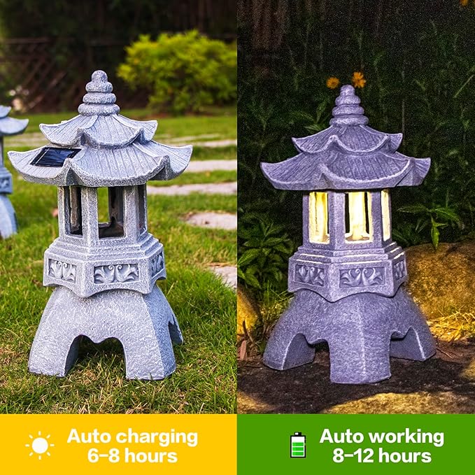 DIBIEECN Japanese Garden Decor Pagoda Garden Statue, Solar Patio Lights, Zen Landscape Lighting Garden Decor, Asian Outdoor Decor for Yard Backyard, Gifts for Women Mom