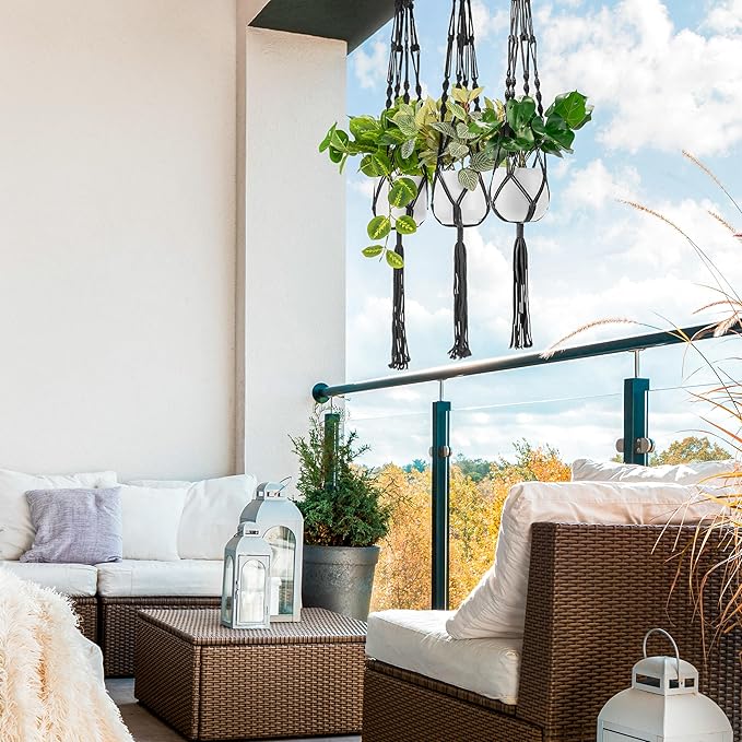 Sorbus Macrame Plant Hanger (6 Pack) Indoor Outdoor Hanging Plant Pots Cotton Rope, Elegant for Home, Patio, Garden (Black)