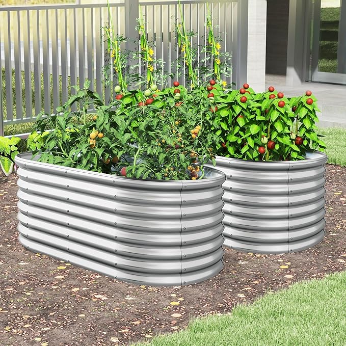 Giantex 5x3x2ft Raised Garden Bed, Large Metal Elevated Oval Planter Bed, 193 Gallon Capacity, Outdoor Planting Garden Box for Vegetable Flower Herb Grow (Silver)