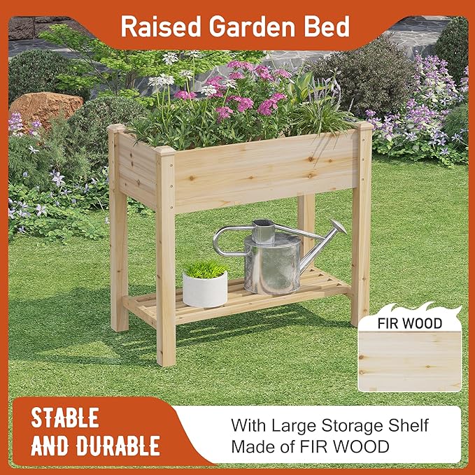 GHWIE Raised Garden Bed with Legs, Elevated Wooden Planter Box with Shelf,Large Garden Planter Outdoor for Backyard, Patio, Balcony