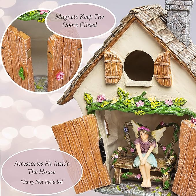 Meadow & Oak Fairy House Kit, Outdoor Fairy Garden Kit for Kids & Adults, Fairy Garden House with Doors That Open & Fairy Garden Accessories, Magical Fairy Garden Set Includes Adorable Accessories