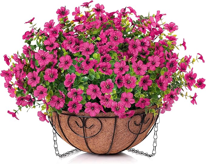 Artificial Fake Hanging Plants Flowers Basket for Outdoor Outside Porch Summer Decoration, Faux Silk Hotpink Dasiy UV Resistant Realistic in Planter for Home Patio Garden Yard