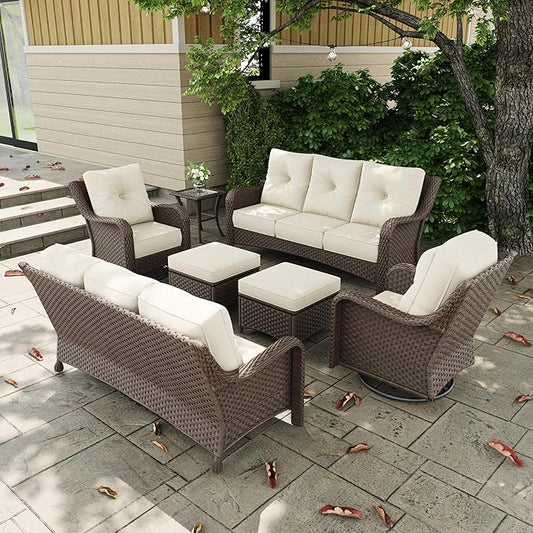 7 Pieces Outdoor Patio Furniture Sets with Rocking Swivel Chairs with 6-inch Thick Cushion and Side Table for Deck Lawn