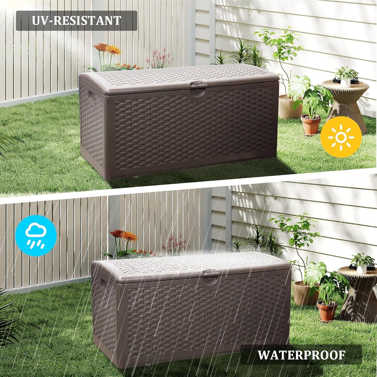 180 Gallon Lockable Deck Box, Waterproof & UV-Resistant Outdoor Storage for Patio Cushions, Heavy Duty Resin Deck Storage Container, Coffee