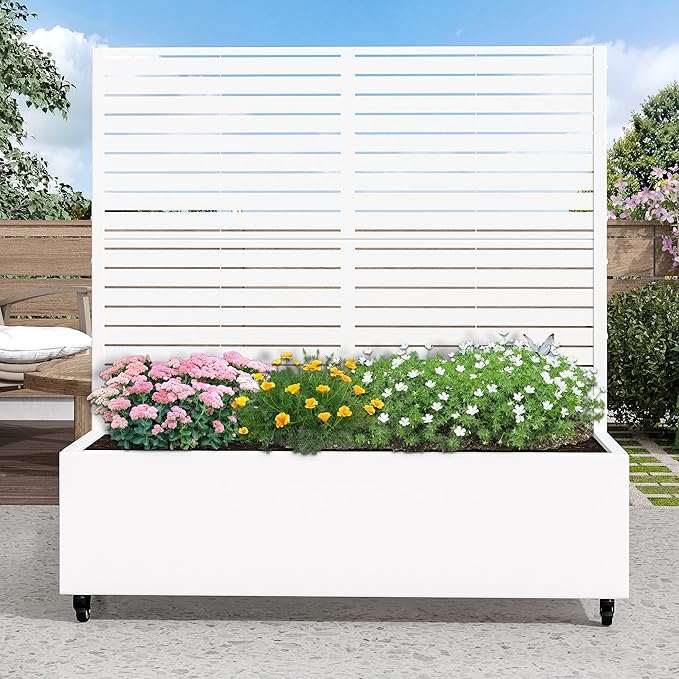 Casaphoria Metal Raised Garden Bed with Trellis and Wheels, 47"x47"x16" Planter Box for Climbing Plants, Vegetables & Vines, Features Drainage Holes and Privacy Screen (White-Louvered)