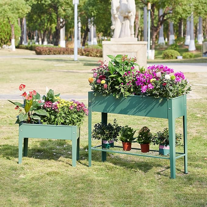 Raised Garden Bed, Elevated Planter Green Metal Plant Box with Legs Standing Garden Stand Drainage Holes Green(Green 24" L x 11" W x 18" H)