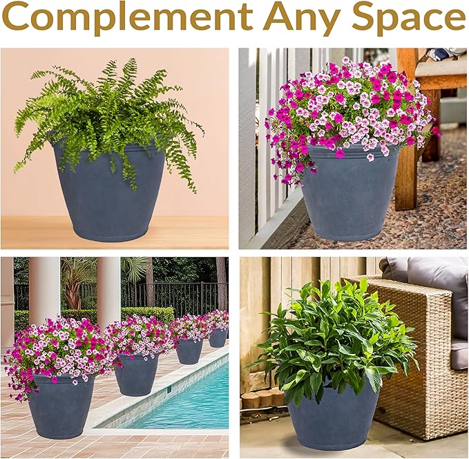 Sunnydaze 24-Inch Anjelica Large Plastic Pot for Plants - Outdoor Polyresin Round Planter with Drillable Drainage Holes - Slate