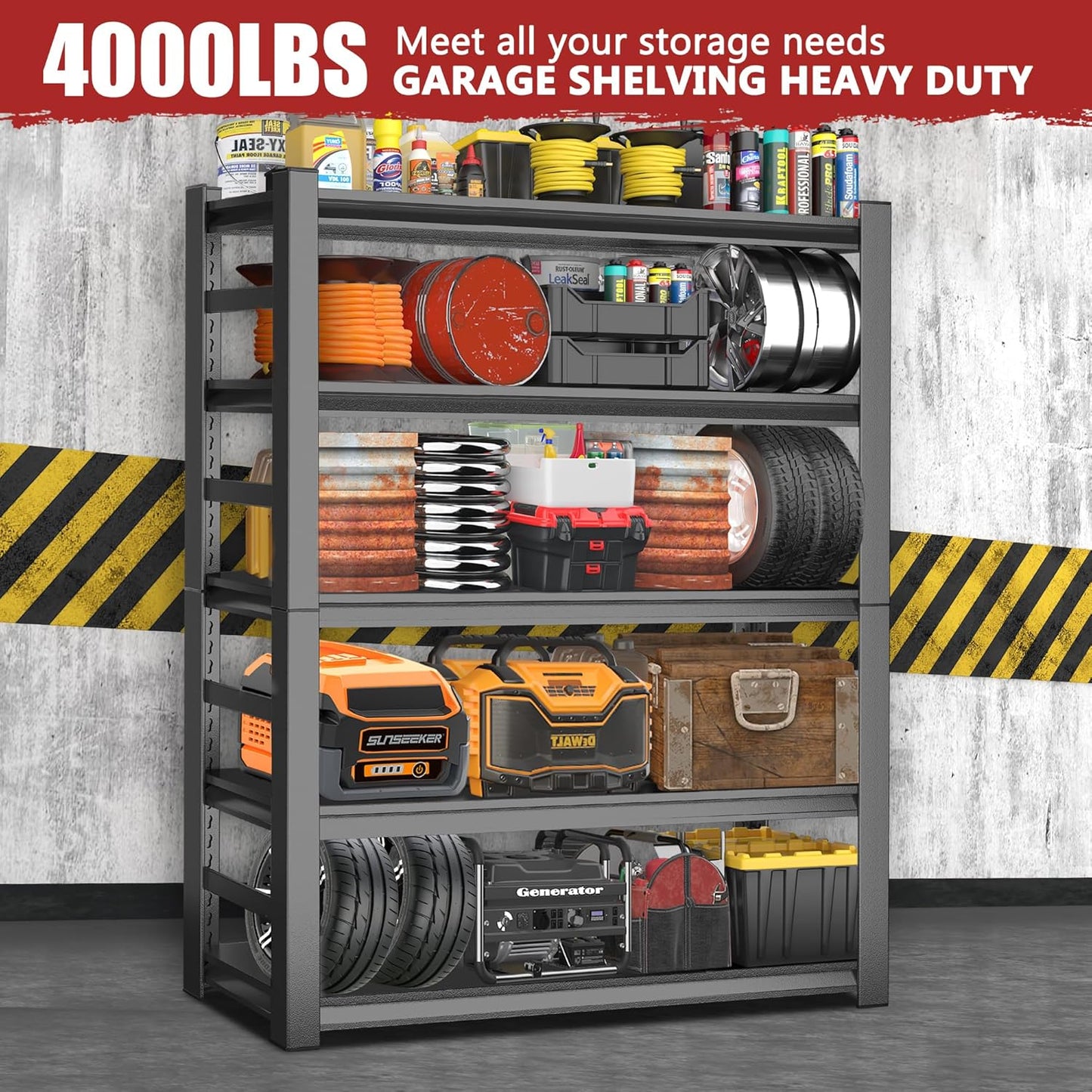 47.2" W Garage Shelving Heavy Duty Storage Shelves 5 Tier Adjustable Heavy Duty Shelving 4000LBS Metal Shelves for Garage Storage Rack Utility Rack Industrial Shelf 72" H x 47.2" W x 23.6" D