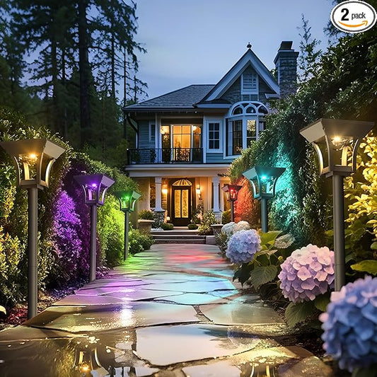 CINOTON 2 Pack RGBCW Solar Pathway Outdoor Lights, 3 Lighting Modes Solar LED Garden Light, IP65 Waterproof Outside Solar Powered Landscape Lighting for Patio Walkway Yard Driveway RGB/Warm/Cold White