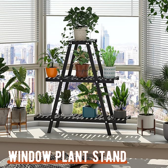 Plant Stand Indoor Plant Shelf Outdoor bamboo Plant Rack, 3 Tiers Ladder Plant Holder Flower Stand for Living Room Balcony Garden Patio,Living Room Boho Home Decor for Gardening Gifts (Black)