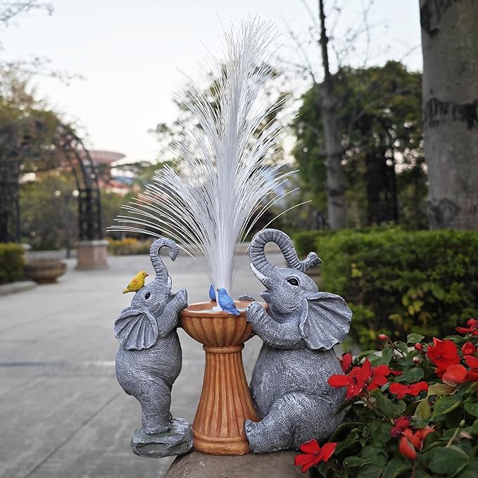 Elephant Statue Solar Garden Decor,Resin Elephant Statue and Colour Changing Optical Fiber Solar Lights,Outdoor Decor for Balcony, Garden, Patio, Yard, Lawn, Gifts for Mom Grandma
