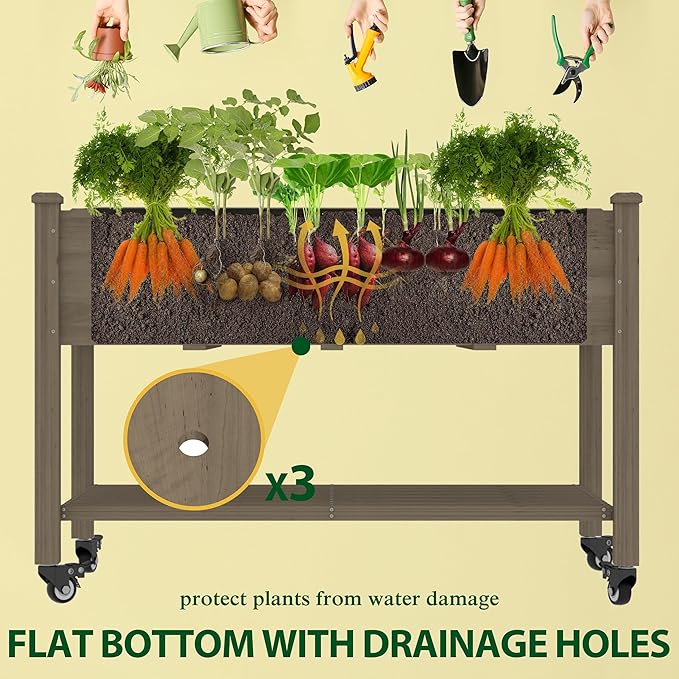 MUPATER 4x2FT Raised Garden Bed, Planter Box with Four Wheels and Legs for Herbs, Flowers and Vegetables, Elevated Garden Bed with Drainage Holes for Greenhouse, Garden, Farm, Brown