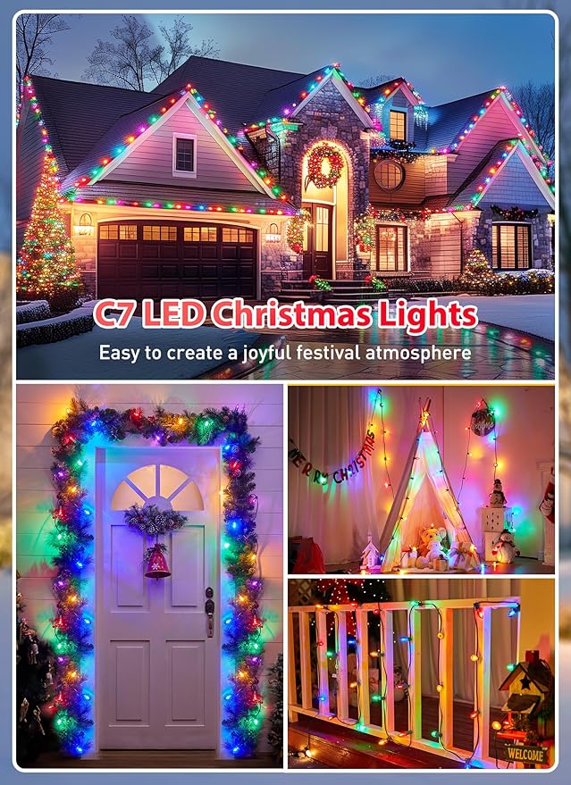 Multicolor C7 LED Christmas String Lights, 100FT C7 Vintage Christmas Lights with 104 Bulbs(4 Spare), Commercial Connectable Christmas Tree Lights for Xmas Holiday Roofline Garden Wedding Decor
