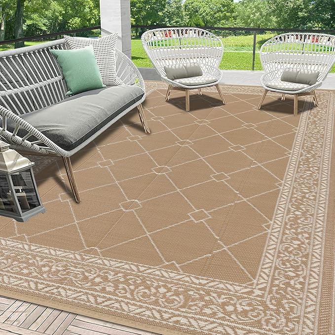 HEBE Outdoor Rug Waterproof 8x10, Reversible Plastic Straw Rug RV Camping Rug, Indoor Outdoor Patio Mat Clearance, Outside Carpet for Porch,Deck,Camper,Balcony,Backyard,Picnic