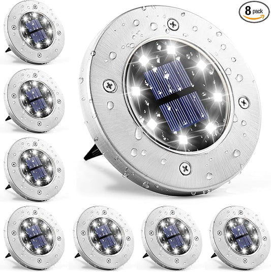 GIGALUMI 8 Pack Solar Ground Lights, 8 LED Solar Powered Disk Lights Outdoor Waterproof Garden Landscape Lighting for Yard Deck Lawn Patio Pathway Walkway (White)