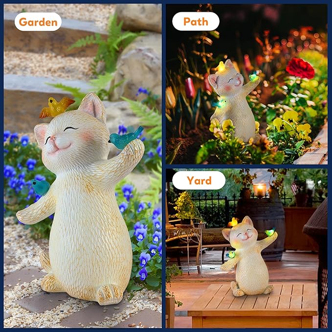 Cat Solar Light for Garden Decor - Outdoor Cat Figurines with Solar Lantern for Yard Patio Lawn Balcony Ornaments - Garden Gifts for Mothers Day, Grandma, Easter