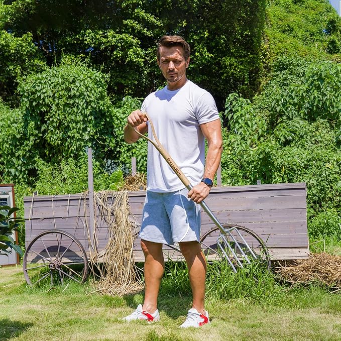 Berry&Bird Gardening Digging Fork, 4-Tine Stainless Steel Pitchfork, 43.9" Heavy Duty Spading Fork with D-Grip Handle and Ergonomic Ash Wood Handle for Digging, Planting, Cultivating, Aerating
