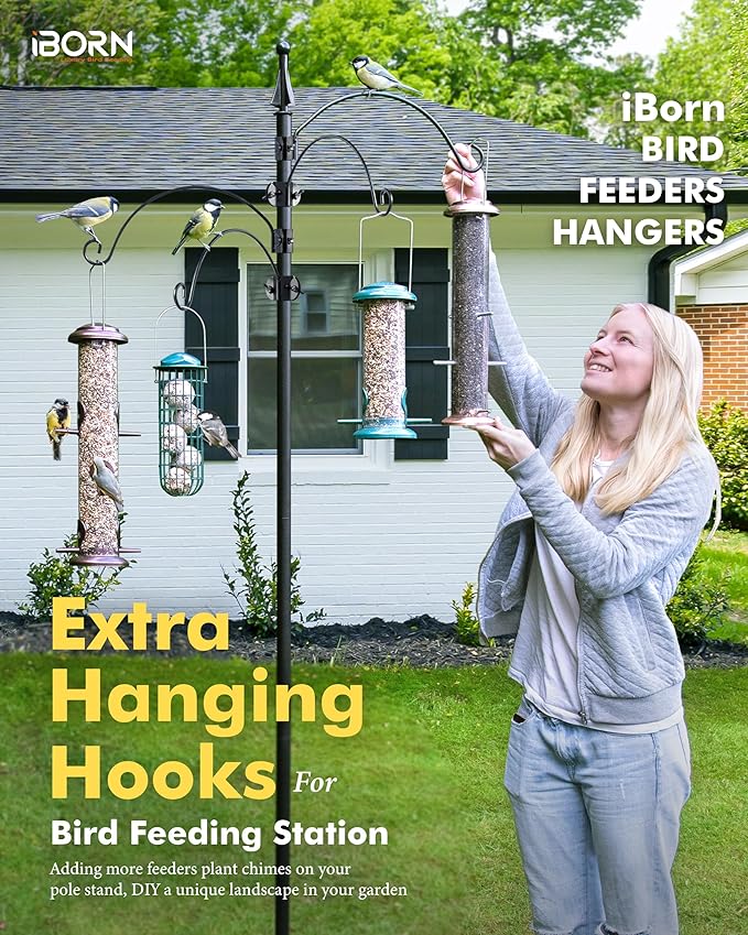 iBorn Bird Feeders Hangers for 1” Pole Stand Station Outdoor Hanging Hooks for Humming Bird Feeders for Outside Plant Hanger Hook Bracket Kit 12.2 Inch Long Metal Hooks for 1 Inch Pole, Pack of 2