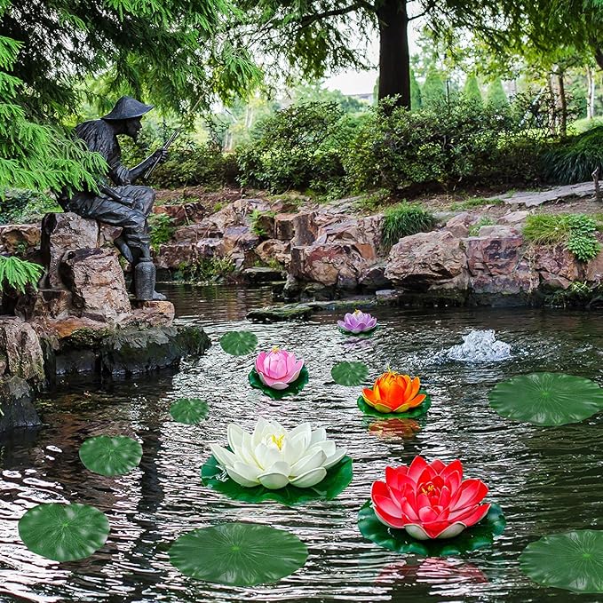 Artificial Lily Pads for Pond, 11in & 6in Artificial Flowers Floating Foam Lotus Flower with Fake Lily Pads, for Pool Garden Koi Fish Pond Aquarium Pool Wedding Decor, 14PCS