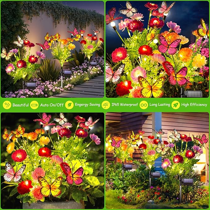 Solar Garden Lights, 3 Pack Swaying Solar Lights with 9 Butterflies & 21 Blooming Flowers, Solar Flowers Lights Outdoor Waterproof, Auto On/Off Solar Outdoor Lights for Yard Patio, Gift