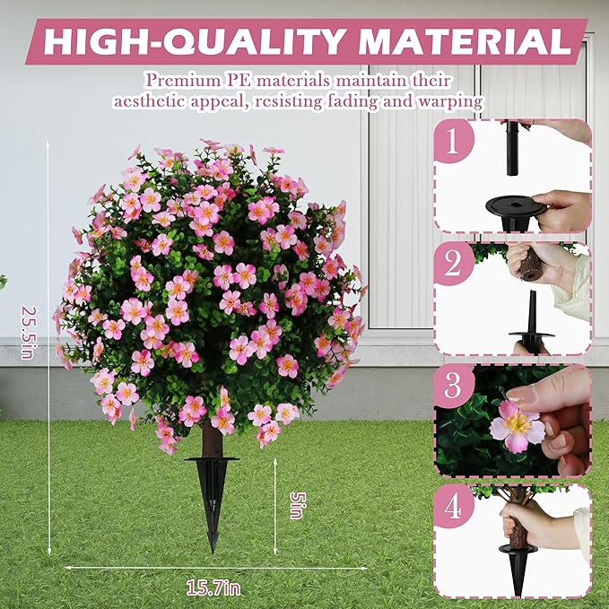 Sunnyglade Set of 2 Artificial Boxwood Topiary Ball Trees with Pink Flower, Faux Shrub Bushes with Ground Spike 25.5", UV Resistant Fake Boxwood Plants for Indoor, Garden, Porch, Patio Decor (Pink)