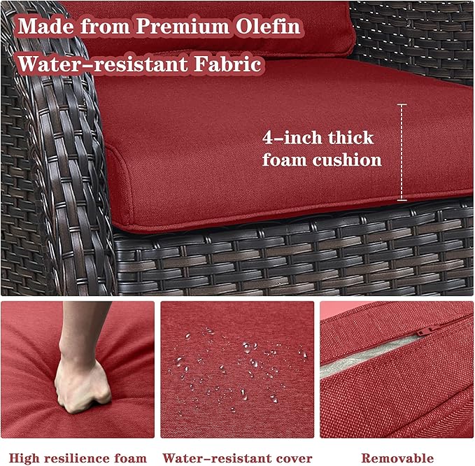 5 Piece Outdoor Patio Furniture Set - Wicker Furniture Patio Conversation Set, Outdoor Swivel Rocker Chairs with Loveseat Sofa and 2 Ottomans for Small Space, Red Cushion