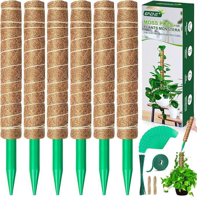 EAONE Moss Pole 96 Inch, 6 Pack 16" Monstera Plant Support for Climbing Potted Live Plants Indoor, Stackable Coco Coir Moss Sticks Monstera Stakes for Pothos Philodendron, with Garden Labels & Ties
