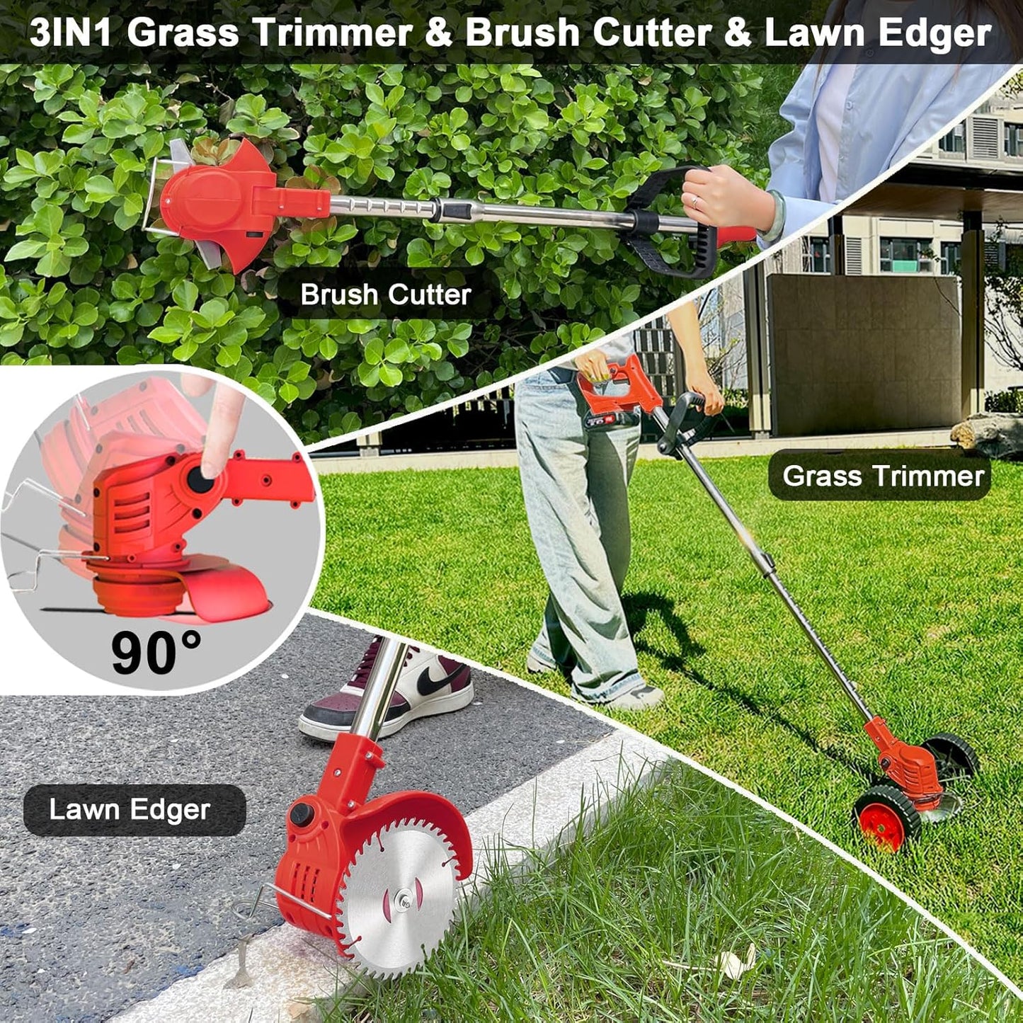 Cordless Weed Wacker Eater Battery Powered, 21V Electric Weed Trimmer with 2 Battery Operated & Charger & Wheels & Shears, 3 in 1 Lightweight No-String Grass Trimmer/Brush Cutter/Lawn Edger for Garden