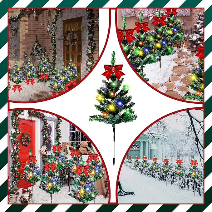 VIHOSE 8 Pcs Solar Christmas Trees Garden Stake Lights Outdoor Xmas Pathway Lights with Decorative Bows Solar Powered Pre-lit Christmas Tree Decor for Outdoor Winter Garden Patio