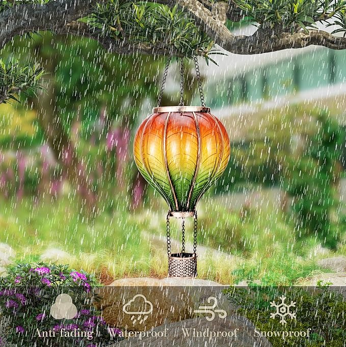 TERESA'S COLLECTIONS 2 Pack Hanging Solar Lantern Outdoor Garden Decor for Valentine ,Waterproof Plastic Hot Air Balloon Orange Flickering Flame Effect Lantern for Yard Tree,Gift for Mom,18"