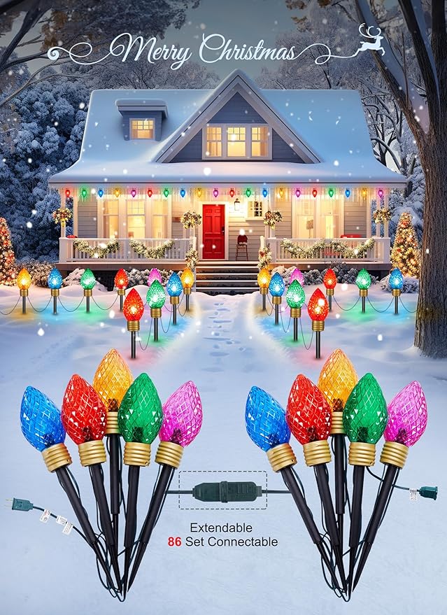 Brightown 2 Pack Strawberry Jumbo C9 Christmas Pathway Lights Outdoor Decorations Lawn,Total 17 Ft 10 LED String Lights Covered Jumbo Multicolored Walkway Lights Bulb for Holiday Outside Yard Decor