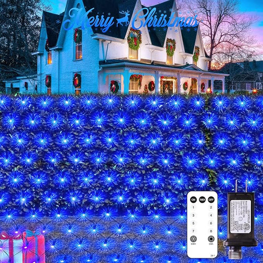 JMEXSUSS 360 LED Blue Net Lights Outdoor, Connectable 12ft x 5ft Christmas Net Lights Plug in with Remote, 8 Modes Waterproof Christmas Mesh String Lights for Bushes Christmas Decorations