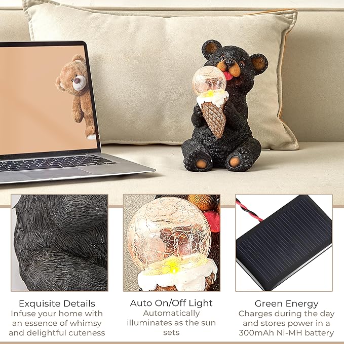 The Roo - Black Bear Solar Light Figurine - Outdoor Waterproof Garden Statue - Animal Garden Decor Light - Solar Lantern for Outside - Housewarming Gifts - Patio, Yard, and Lawn