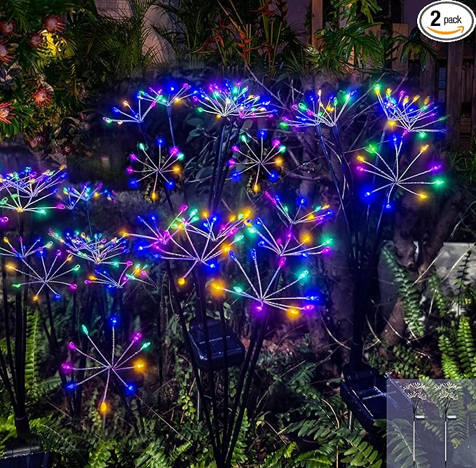 Solar Christmas Lights Outdoor Waterproof Decorative Solar Garden Lights 2 Pack 120LED Solar Firework Lights for Yard Bushes Lawn Flowerbed Xmas Decor，Christmas Gardening Gifts for Women, Multicolor