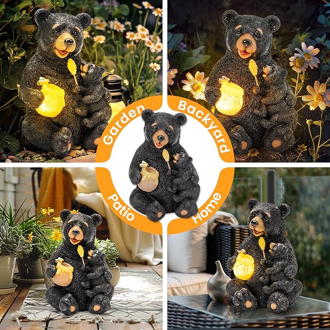 GIGALUMI Solar Garden Statues Loving Bear Figurine Lights for Outside, Yard Decorations Outdoor, Garden Decor Unique Birthday Housewarming Gifts for Mom, Women, Black
