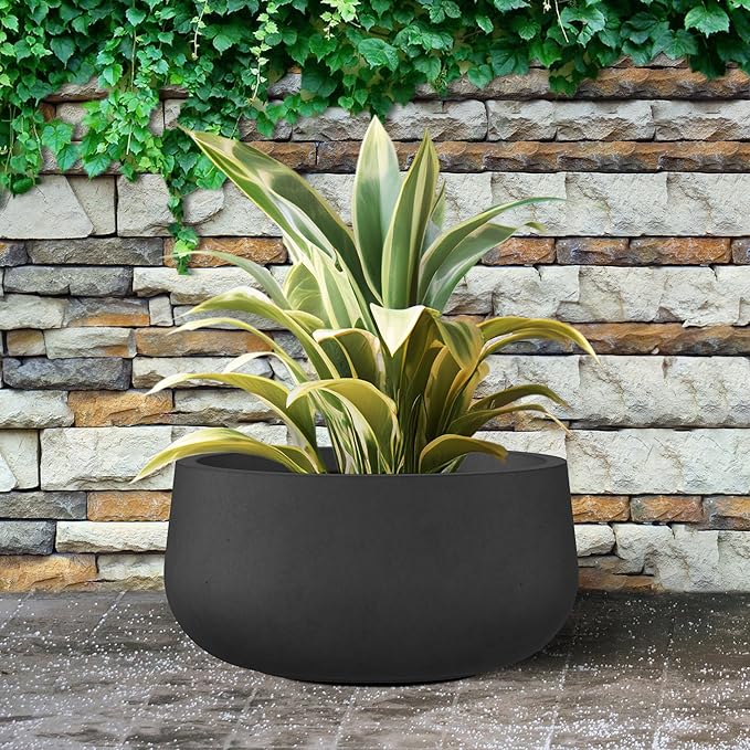 Kante 15.7" Dia Round Concrete Planter, Outdoor Indoor Garden Plant Pots with Drainage Hole and Rubber Plug, Modern Curvaceous Design, Black