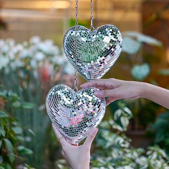 Disco Balls 2 Pack Silver Heart-Shaped Stage Mirror Balls Hanging Decor for Party, Room, Wedding, Garden, Retro Reflective Disco Ball Handmade Gifts (6.3 inch)