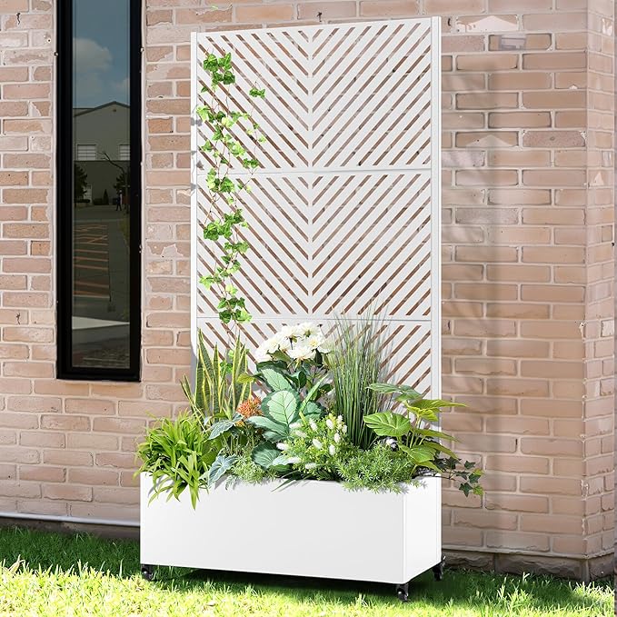 Raised Garden Bed with Trellis and Wheels,73"x35"x16" Metal Raised Garden Bed,White Parallel Metal Planter with Climbing Trellis for Vines & Vegetables