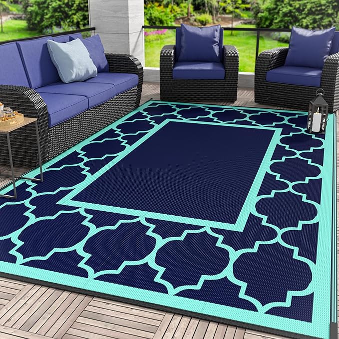 GENIMO 6' x 9' Outdoor Rug Waterproof for Patio Decor, Foldable Reversible Plastic Straw Area Rugs Mat for Camper, Outside Carpet for Rv, Deck, Porch, Picnic, Beach, Balcony, Navy Blue & Jade Green