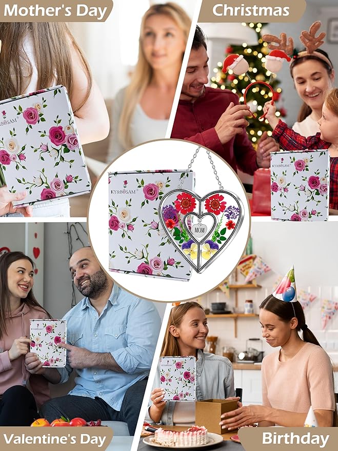 KY&BOSAM Heart Suncatcher Mom Gift Ornament Stained Glass Panles Hangings for Windows Sun Catcher with Pressed Flower Heart in Glass Birthday Gifts for Women Mother`s Day Christmas Home Garden Decor