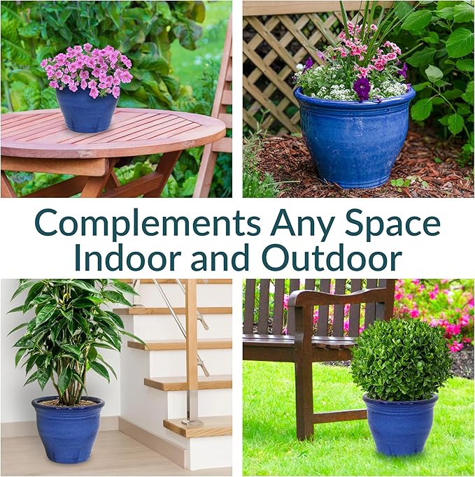 Sunnydaze Studio Large Ceramic Plant Pot - Round Outdoor Glazed Ceramic Planter Pot with Drainage - Imperial Blue - 14.5"