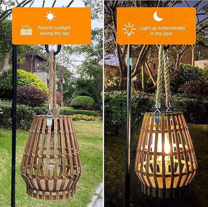 Solar Hanging Lantern Outdoor , Waterproof Natural Bamboo Lanterns with Handle Edison Bulb Design Solar Table Lamp Lights Decoration for Courtyard Patio Garden Farmhouse