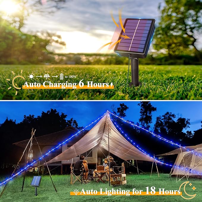 Ollny Solar String Lights for Outside, 2 Pack Total 132FT 400LED Solar Christmas Lights Outdoor, IP67 Waterproof 8 Modes String Lights for Tree Yard Garden Patio Party, Blue
