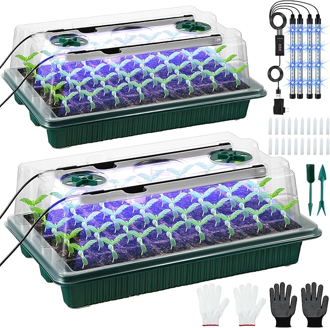 2 Pack Seed Starter Tray with Grow Light High Dome Seed Germination Kit 80 Cells with 4 LED Grow Lights Seedling Starter Kit with Smart Timer and 3 Modes for Home Gardeners, Indoor Greenhouse