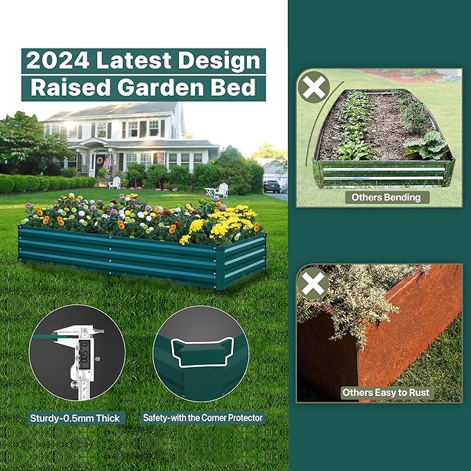 Raised Garden Bed Green, 8x4x1FT Garden box Outdoor for Gardening Vegetables Flower, Garden Raised Planter Box Large, Metal Raised Bed