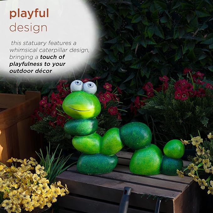 Alpine Corporation YEN608SLR Caterpillar Statue with Light Up Eyes, Solar Powered LED Caterpillar Garden Statue, 16" H, Green