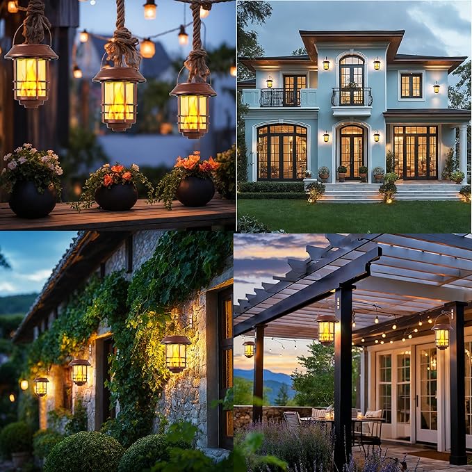 Otdair Solar Wall Lantern Outdoor, Flickering Flames Sconce Lights, Hanging Solar Lamps Wall Mount for Front Porch, Patio and Yard, 2 Pack, Bronze